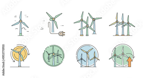 Illustrated Wind Turbine Icons Depicting Renewable Energy Sources and Sustainable Power