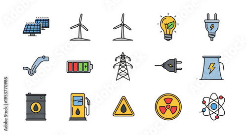 Illustration depicting various energy sources, symbols, and elements for power generation