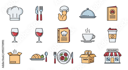 Illustration depicting various restaurant elements, perfect for menus and culinary visuals