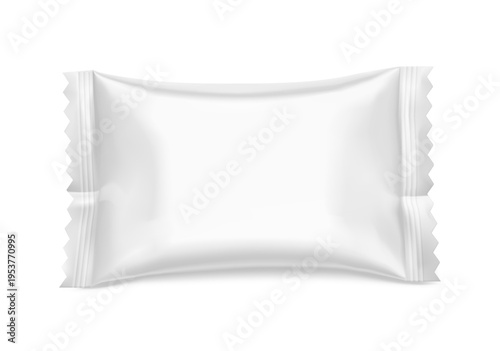 Realistic flow pack for candy mockup. Front view. Vector illustration isolated on white background. Easy to use for presentation your product, idea, design. EPS10.