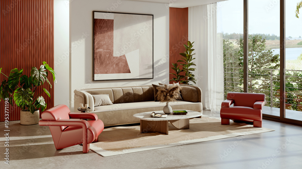 Naklejka premium Large luxury modern bright interiors Living room mockup illustration 3D rendering Generated Color Image