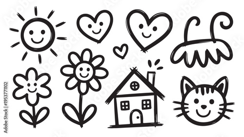 Hand drawn cute doodles with smiling faces on white background for kids and education concepts