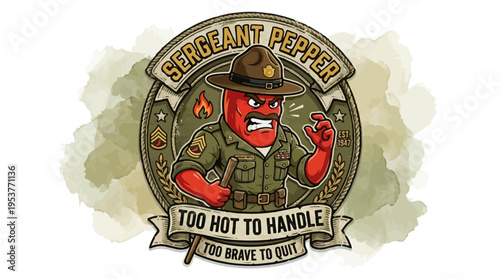 Funny Sergeant Pepper Chili Character Badge Illustration - "Too Hot to Handle, Too Brave to Quit" Humorous Military Drill Instructor Graphic