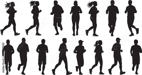 Silhouettes of people running in various poses and outfits