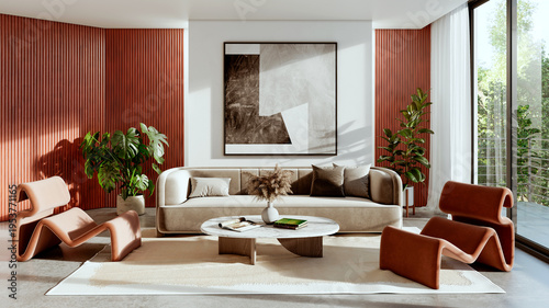 Large luxury modern bright interiors Living room mockup illustration 3D rendering Generated Color Image