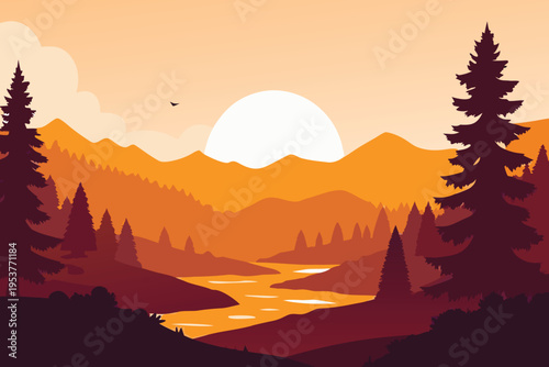 Minimalist landscape depicts a river valley at sunset