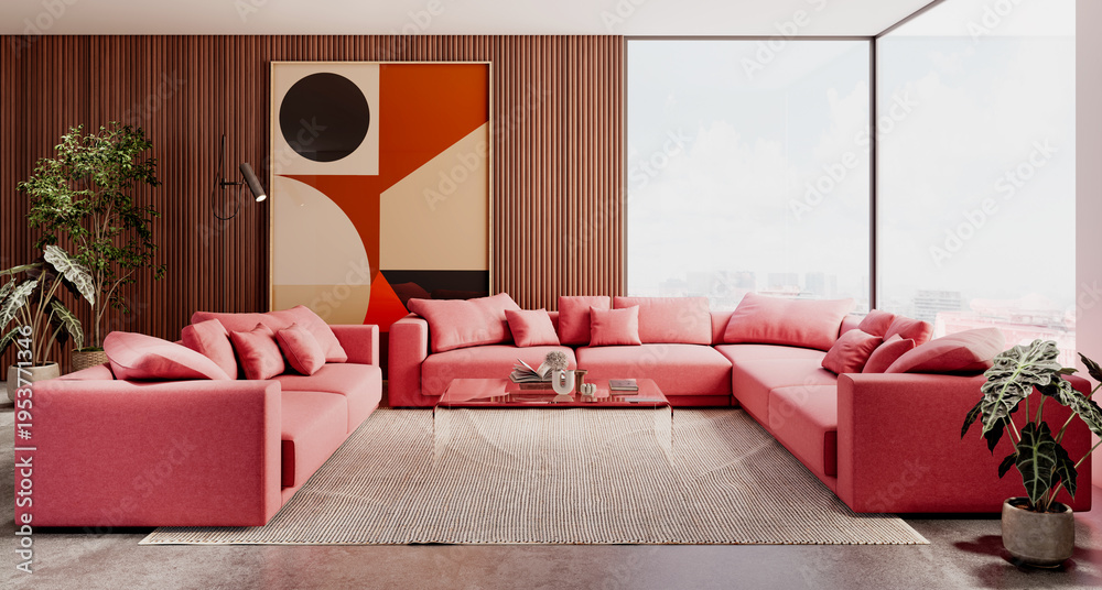 Naklejka premium Large luxury modern bright interiors Living room mockup illustration 3D rendering Generated Color Image