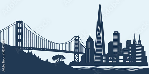 San Francisco skyline vector silhouette featuring Golden Gate Bridge, Transamerica Pyramid, Salesforce Tower