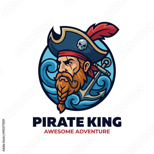 The fierce Pirate King is depicted with a characteristic hat, anchor, and fierce expression, surrounded by ocean waves, perfectly encapsulating adventure and courage on the high seas.