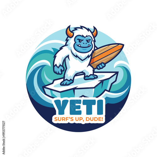 This playful yeti figure rides a surfboard on an icy wave, combining humor and excitement, promoting a fun and carefree beach atmosphere in an imaginative, cartoon style.