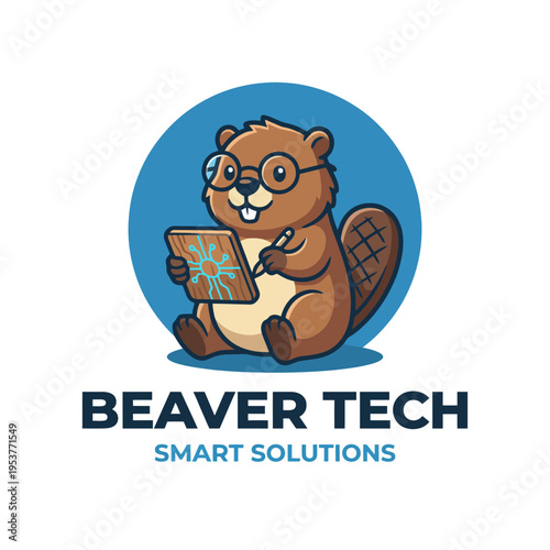 A whimsical logo portraying a beaver with glasses, holding a tablet, representing innovation and cleverness in technology solutions, aimed at a fun and creative audience.
