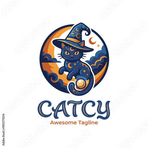 A delightful logo featuring a black cat wearing a wizard's hat, capturing the whimsical charm of fantasy mixed with elegance, ideal for branding in creative industries.