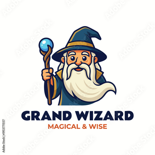 An enchanting logo of a grand wizard with a magical staff, exuding wisdom and mystique, capturing the essence of fantasy and magic in an appealing and memorable design.
