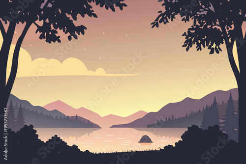 Serene lakeside landscape with silhouetted trees and colorful sky