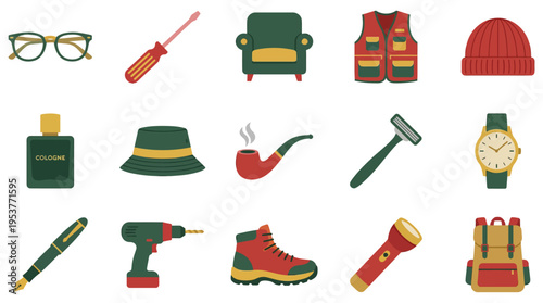 Mens lifestyle and outdoor icons set featuring tools, clothing, and accessories | Flat vector illustrations isolated on white | Male hobby theme