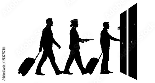 People silhouettes with luggage approaching hotel doors one person opening door