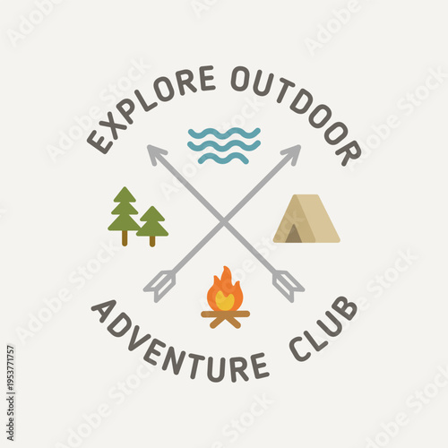 Camping logo design with typograpy text banner "explore outdoor" and "adventure club" - editable vector Treveling patch or Hiking sign