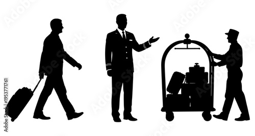 Pilot Welcomes Traveler with Luggage Cart and Bellhop Assistance Silhouette