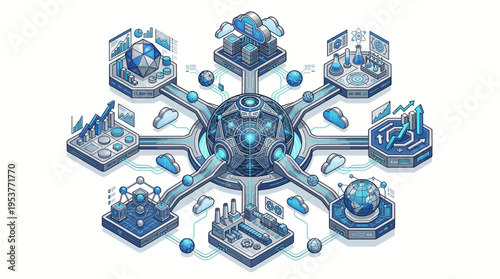 A futuristic infographic with various technological components.