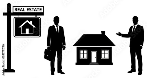 Real Estate Agent Showcasing House with For Sale Sign Business Professionals Silhouette