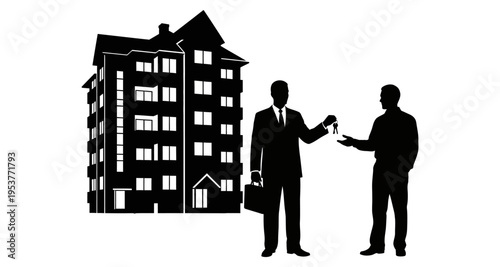 Real Estate Agent Hands Over Apartment Keys to New Owner Next to Building Silhouette