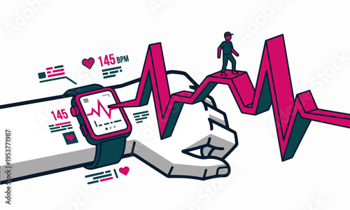 Minimalist Illustration of a Smartwatch Tracking Heart Rate and BPM on a Wrist