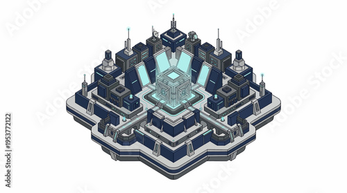 Futuristic cityscape with blue towers.