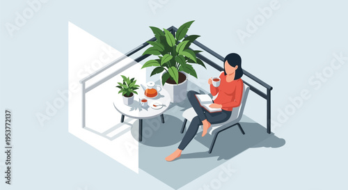 Woman relaxing with coffee and plants indoors.