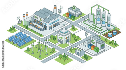 Sustainable industrial area with solar panels.