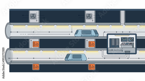 An illustration of a futuristic subway station with sleek trains and modern architecture.
