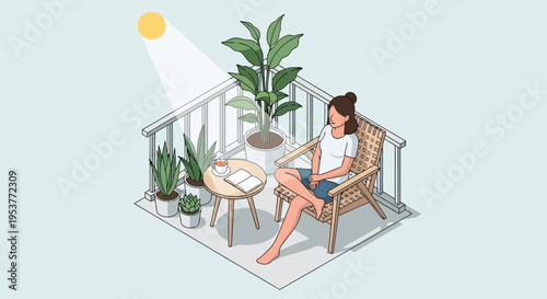 Woman relaxing on a balcony with plants.