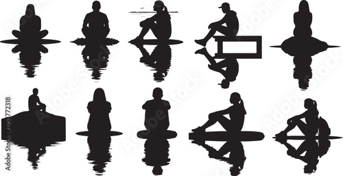 Silhouettes of people in various sitting positions and poses