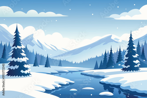 Serene winter landscape with snow covered mountains and evergreen trees