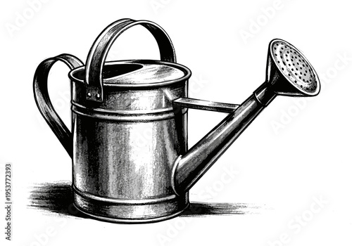 Vintage metal watering can with a long spout and a perforated rose for garden watering