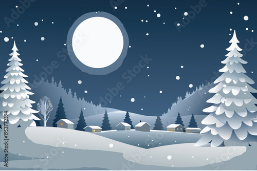 Snowy winter landscape with a bright full moon and small homes