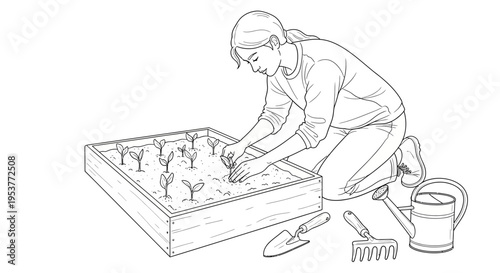 Woman planting seedlings in garden box.