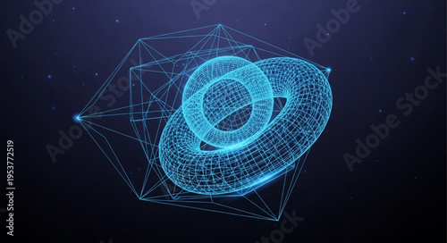 Abstract Intertwined Rings with Geometric Mesh, Futuristic Technology Concept.