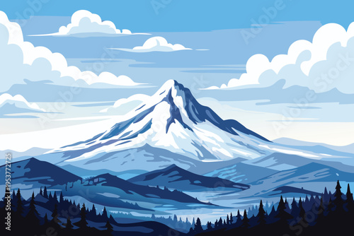 A majestic snow capped mountain peak rises above a forest