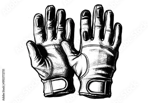 Hand-drawn illustration of a pair of black leather gloves with adjustable straps