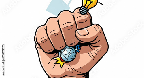 Fist Holding Lightbulb and Diamond Ring - Symbolizing Innovation and Wealth.