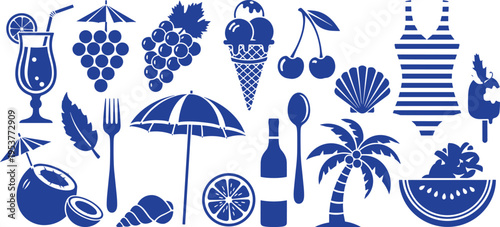 Blue silhouettes of summer vacation on white background