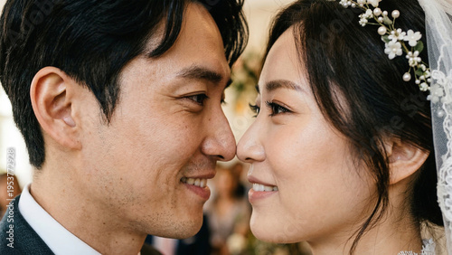 서로를 다정하게 바라보며 미소 짓는 신랑 신부의 클로즈업 초상화