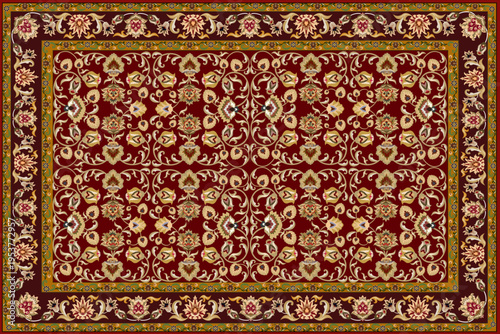 This image presents a traditional Persian carpet design featuring a symmetrical layout with a central medallion as the focal point.