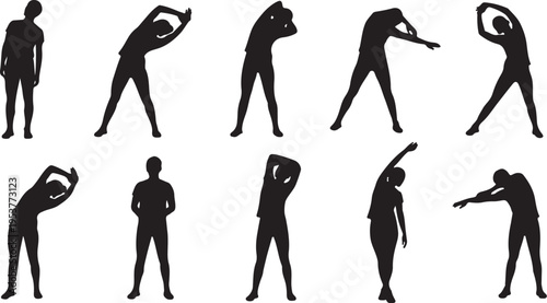 Black silhouettes of people stretching and exercising in various poses