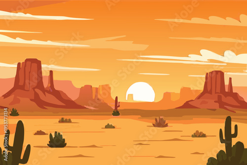A vibrant desert landscape with sandstone formations at sunset