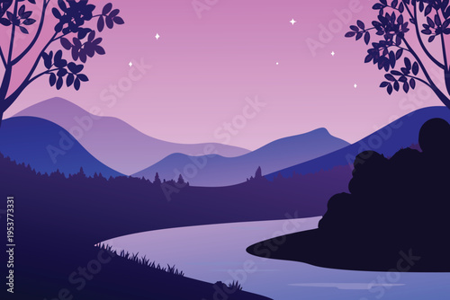 Serene landscape with mountains river and silhouetted trees