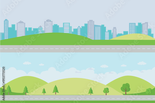 Stylized city landscape with green hills and a roadway below