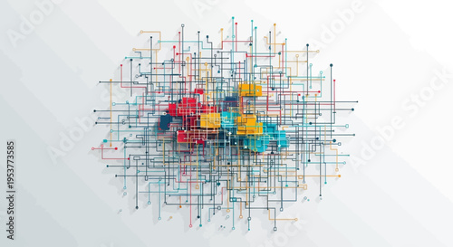 Abstract illustration depicting a network of interconnected pathways with color blocks