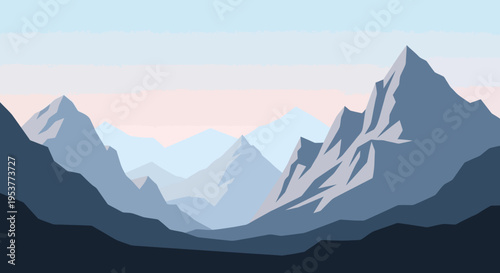 Abstract illustration of a mountain range at dawn, landscape in shades of blue and pink