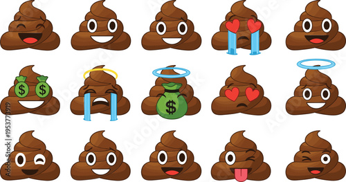 Brown poop emojis with various facial expressions smiling laughing